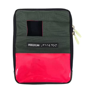 Hands-Free Navigation Pouch mounted on a wheelchair, showing easy-access smartphone/GPS holder for wayfinding