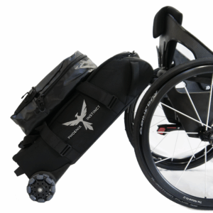 Phoenix Twinset Wheelchair Bag attached to wheelchair – versatile wheeled hold bag and rucksack in black design, ideal for accessible travel.